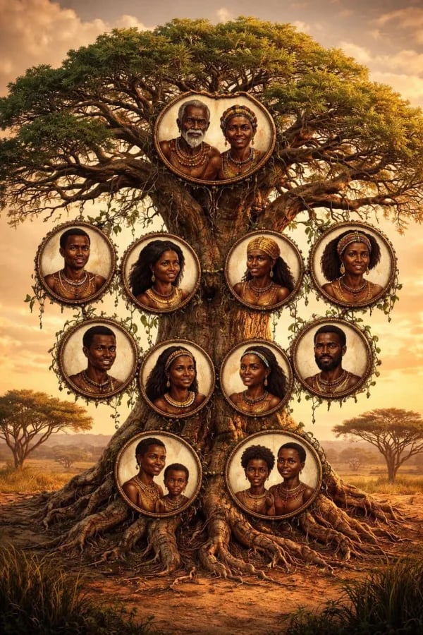 L'arbre de vie Bamiléké: les ancêtres aux racines, les descendants en nouvelles branches.